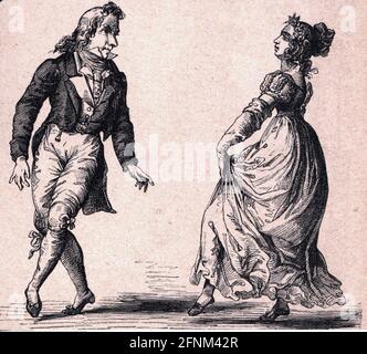 Danse, gavotte, couple dansant, Paris, vers 1810, Gravure en bois, 2ème moitié 19e siècle, DROITS-SUPPLÉMENTAIRES-AUTORISATION-INFO-NON-DISPONIBLE Banque D'Images