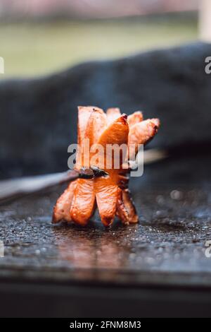 début de la saison du barbecue. Torréfaction d'une broche sur chaleur directe d'un feu ouvert. Bonté sous forme de viande sur un bâton. Treph et scout foo Banque D'Images