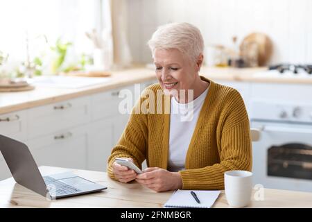 Bonne femme âgée qui lit des messages tout en travaillant sur un ordinateur portable Banque D'Images