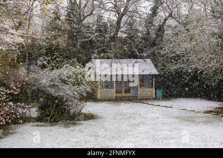 Vue sur un jardin arrière de banlieue sombre à Surrey, dans le sud-est de l'Angleterre, lors d'une couverture de neige non saisonnière à la mi-avril et de basses températures Banque D'Images