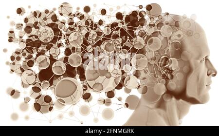 Un profil côté tête superposé à un réseau semi-transparent de différentes tailles se chevauchant "nœud circulaire et lignes connectées" détails. Banque D'Images