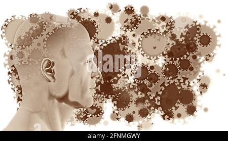 Figure humaine latérale entourée d'un nuage flottant avant de cellules et de particules infectieuses en suspension dans l'air COVID-19, coronavirus. Banque D'Images