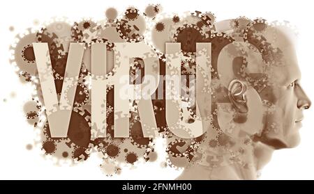 Une figure humaine latérale entourée de cellules et de particules infectieuses en suspension dans l'air, COVID-19, coronavirus. Le mot « VIRUS » est superposé dans la grande semi-transparence Banque D'Images