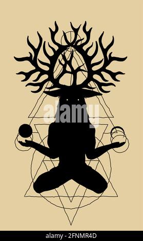 Deer god - personne avec une tête de cerf et des cornes assis dans la pose de lotus. Illustration de Vecteur