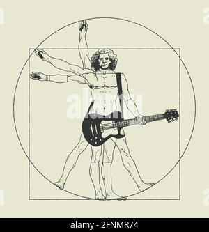 Da Vinci homme jouant de la guitare rock. Imprimé t-shirt Vitruvian man rock Music. Illustration de Vecteur