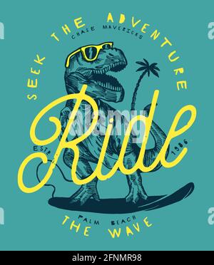 partez à la découverte de l'aventure - partez à la vague. T Rex dinosaure dessin surf vintage imprimé dans les couleurs rétro bleu et jaune. Illustration de Vecteur