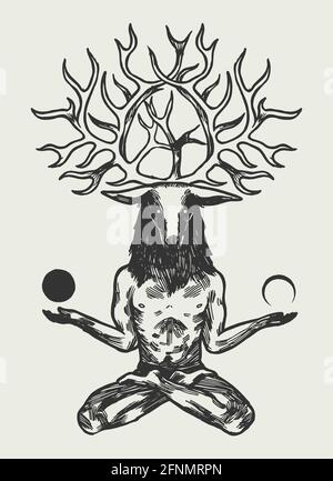 Deer god - homme avec tête de cerf assis dans la pose de lotus et tenant des lunes. Illustration occulte celtique. Illustration de Vecteur