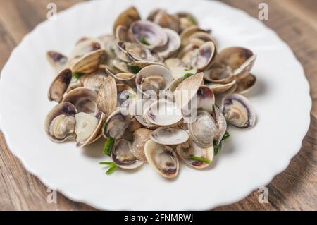 Assiette avec palourdes dans une sauce au vin avec ail et persil Banque D'Images