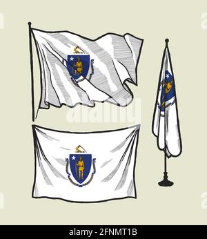 Drapeau du Massachusetts sur le vent et sur le mur jeu d'illustrations Illustration de Vecteur