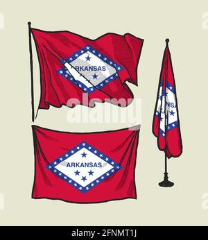 Drapeau de l'Arkansas sur le vent et sur le mur jeu d'illustrations dessinées à la main Illustration de Vecteur