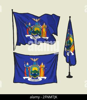 Drapeau de New York sur le vent et sur le mur jeu d'illustrations vectorielles vintage Illustration de Vecteur