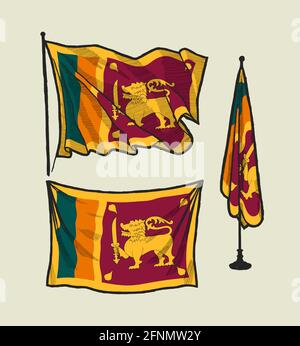 Drapeau du Sri Lanka sur le vent et sur le jeu d'illustrations vectorielles murales dessinées à la main Illustration de Vecteur