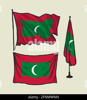 Drapeau des Maldives sur le vent et sur le mur jeu d'illustrations dessinées à la main Illustration de Vecteur