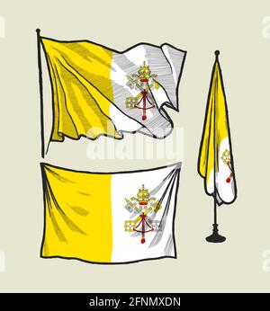 Drapeau du Vatican sur le vent et sur la main murale jeu d'illustrations vectorielles dessinées Illustration de Vecteur