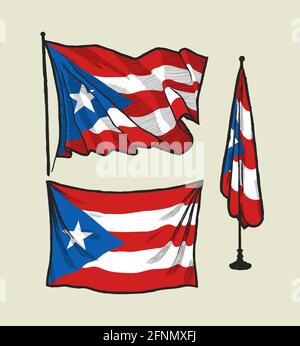 Drapeau de Porto Rico sur le vent et sur le mur dessiné à la main illustration ensemble. Illustration de Vecteur