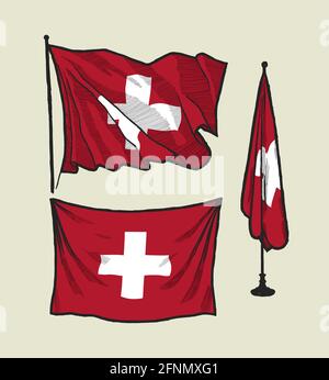 Ensemble de drapeaux suisses - illustration d'un drapeau sur un vent et sur le mur Illustration de Vecteur