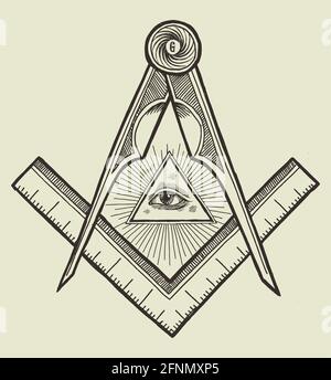 Place et boussoles et un oeil de providence. Symbole freemason vintage. Illustration de vecteur occulte. Illustration de Vecteur