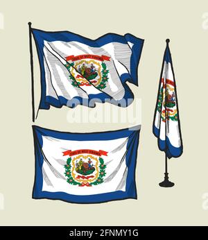 Drapeau de la Virginie occidentale sur le vent et sur le jeu d'illustrations vectorielles murales dessinées à la main Illustration de Vecteur