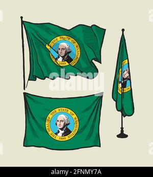 Drapeau de Washington sur le vent et sur le mur jeu d'illustrations vectorielles dessinées à la main Illustration de Vecteur