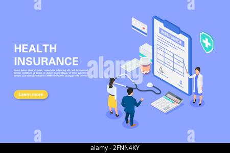 Concept d'assurance médicale. Le personnel de l'hôpital parle à un jeune couple d'un contrat d'assurance. Un ensemble d'objets sur le thème de la médecine. vecteur plat iso Illustration de Vecteur