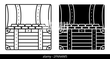 icône carrée ouverte coffre au trésor à l'intérieur. Lingots d'or dans une poitrine de pirate. Vecteur noir et blanc Illustration de Vecteur