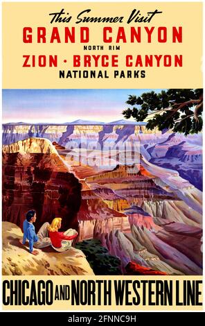 Cet été, visitez le Grand Canyon. Plateau nord. Zion. Bryce Canyon. Parcs nationaux. Chicago et North Western Line. Affiche ancienne restaurée publiée dans les années 1930 aux États-Unis. Banque D'Images