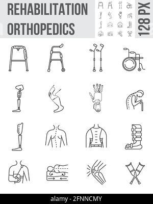 Les icônes de rééducation orthopédique définissent le vecteur. Collecte de la ligne de physiothérapie. Symboles des prothèses pour la conception Web, l'application. Renfort de bras, jambe et renfort arrière, Illustration de Vecteur