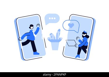 Homme et femme discutant en ligne sur les réseaux sociaux Illustration de Vecteur