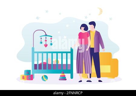 Mère et père regardant bébé endormi. Bébé peut dormir dans un lit de bébé. Concept de parentalité, de togethness et de garde d'enfants. Famille ensemble. Mignons enfants Illustration de Vecteur