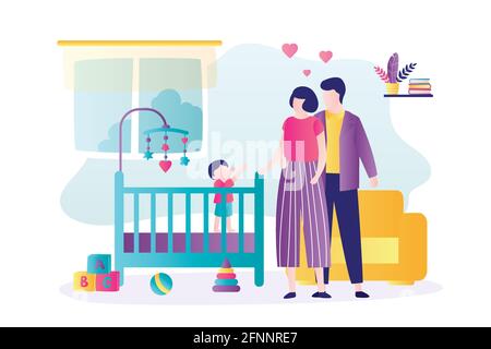 Maman et papa regardent bébé dans un berceau. L'enfant tire les mains vers la mère. Concept de famille heureuse, de la convivialité et de la parentalité. Parents avec bébé dans bébé mignon Illustration de Vecteur