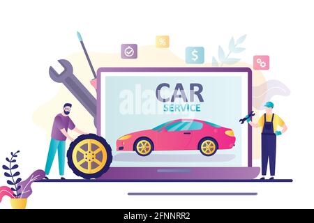 Diagnostic informatique des dysfonctionnements automatiques. Concept de services de voiture. Véhicule moderne sur écran d'ordinateur portable. Réparateur et mécanicien au travail. Technologie de réparation. F Illustration de Vecteur