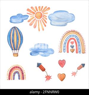 Envolez-vous dans le ciel Watercolor Clipart. Jouets en bois pour enfants. Ballon d'air chaud, arc-en-ciel, clode, soleil, coeur, feux d'artifice. Décoration d'art dessinée à la main pour bébé. Bébé garçon Banque D'Images