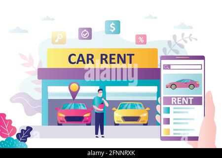 Service de location de voitures. Garage avec automobiles modernes. Un vendeur ou un concessionnaire au travail. La main humaine utilise un téléphone intelligent avec partage de voiture ou application de location Illustration de Vecteur