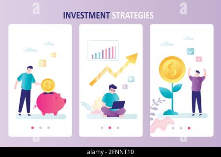 Ensemble de trois pages de modèles pour les applications mobiles. Stratégies d'investissement, l'homme d'affaires investit et fait des profits. Dépôt bancaire ou opérations de change. Illustration de Vecteur