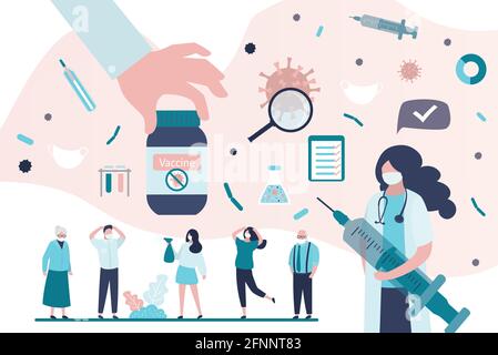 Une grande main donne le vaccin. Groupe de différentes personnes dans les masques de protection. Concept de soins de santé. Le médecin tient la seringue et met en garde contre la vaccination contre le coronav Illustration de Vecteur