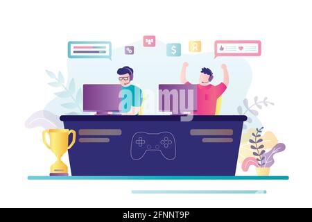 Les hommes gagnent des e-sports à la maison. Deux joueurs de cybersport en compétition pour le trophée. Concept de e-sport, de compétition et de jeux vidéo. Des personnages masculins jouent Illustration de Vecteur