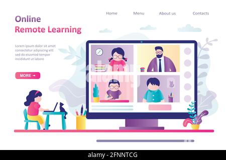 Modèle de page de renvoi de l'apprentissage à distance en ligne. Écolière en milieu de travail, vidéoconférence avec professeur et écoliers. Application d'éducation sur Internet Illustration de Vecteur