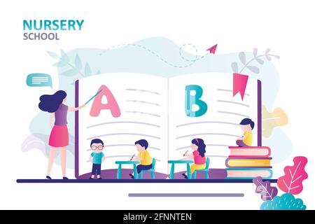 Professeur expliquant l'alphabet aux enfants. Concept de l'école maternelle. Les enfants s'assoient au bureau et acquièrent de nouvelles connaissances. Élèves de maternelle avec tuteur féminin Illustration de Vecteur