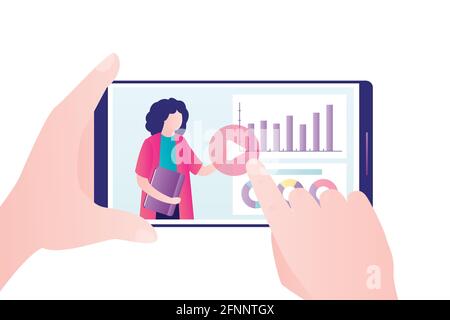 Vidéo de tutoriel sur le thème des affaires ou l'amélioration des statistiques. Cute Woman a filmé un webinaire ou une vidéo de formation sur la chaîne. Tient le smartphone avec le multimédia Illustration de Vecteur