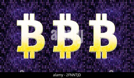 Image conceptuelle de trois symboles bitcoin jaunes contre un violet arrière-plan numérique binaire Banque D'Images