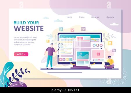 L'équipe d'affaires construit et optimise le site Web. Concept de construction et de développement. Le personnage masculin est le codage ou la programmation d'un nouveau site sur l'ordinateur portable Illustration de Vecteur