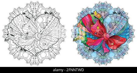 Vecteur adulte coloriage livre textures coeur attaché sur un substrat rond à motifs avec un ruban et un noeud. Décoration artistique peinte à la main. Jeu de couleurs et de contours Illustration de Vecteur