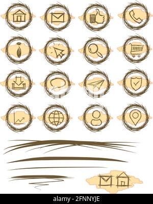 Symboles du site Web avec arrière-plan + décoration de texte - lignes de séparation, souligné. E-Commerce, boutiques Web, jeux de boutons de conception de pages d'accueil personnelles. Main Illustration de Vecteur