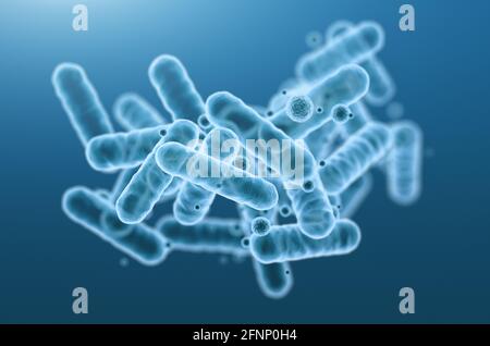 Gros plan sur le rendu 3d des bactéries bleues microscopiques. Banque D'Images