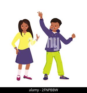 Garçon à capuche et jeans et fille en jupe et chemise avec peau foncée et cheveux noirs. Joyeux sourire aux Afro-Américains, les enfants dansent. Adolescents dans une ambiance décontractée Illustration de Vecteur