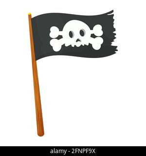 Drapeau pirate avec crâne et os croisés sur bâton de bois dans le style de dessin animé icône plate, étiquette de forme d'os, ruban de toile, signe d'illustration d'emblème d'application, forme Illustration de Vecteur