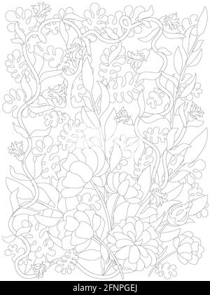 Page de coloriage pour adultes. Mélange floral tissé à motif floral. Coloriage des fleurs Banque D'Images