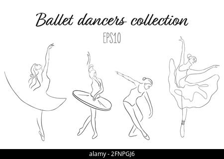 Jeu de ballerines d'art continu. Danseurs de ballet dans des postures gracieuses, avec des chaussures de pointe et tutu. Illustrations vectorielles isolées dessinées à la main pour logo, modèle d'emblème, Web, imprimés Illustration de Vecteur