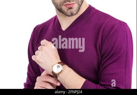 Montre qui incarne son style. Homme barbu vue rognée isolée sur blanc. Port de la montre Banque D'Images