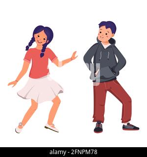 Un garçon dans un sweat à capuche et un Jean et une fille dans une jupe et une chemise avec des cheveux bleus et des tresses. Des enfants souriants dansent. Adolescents avec visages dans une ambiance décontractée Illustration de Vecteur